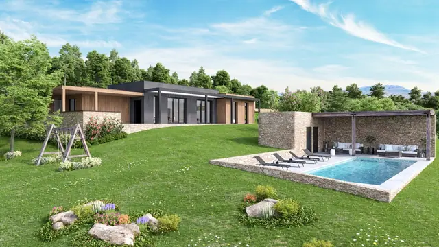 Vue de la maison avec piscine — Maison passive en Ardèche